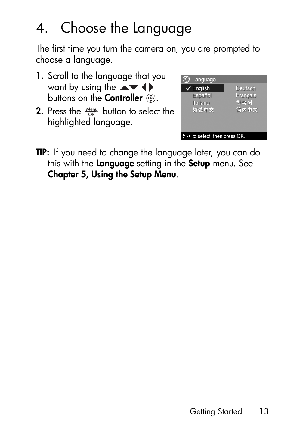 Choose the language, 4 choose the language | HP Photosmart E317 User Manual | Page 13 / 138
