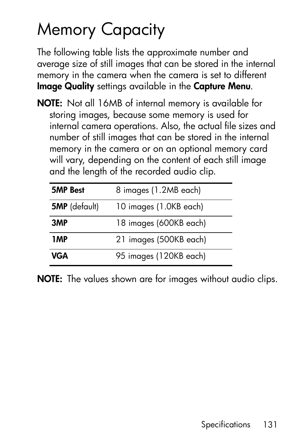 Memory capacity, Specifications, Memory capacity on | HP Photosmart E317 User Manual | Page 131 / 138