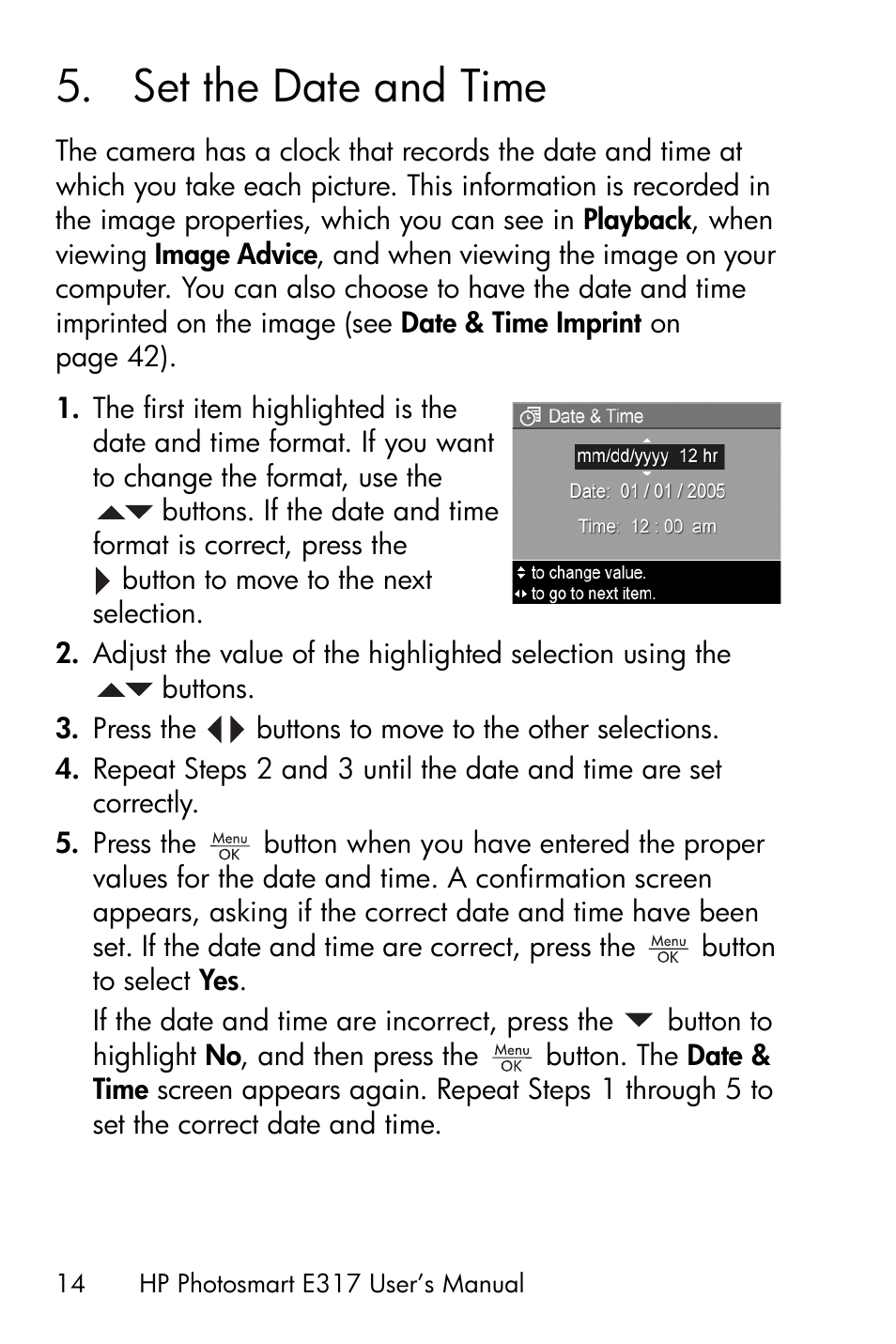 Set the date and time, 5 set the date and time | HP Photosmart E317 User Manual | Page 14 / 138