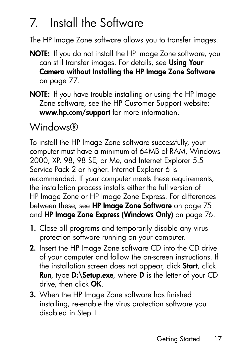 Install the software, Windows, 7 install the software | HP Photosmart E317 User Manual | Page 17 / 138