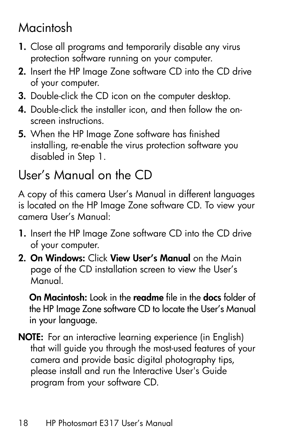 Macintosh, User’s manual on the cd | HP Photosmart E317 User Manual | Page 18 / 138