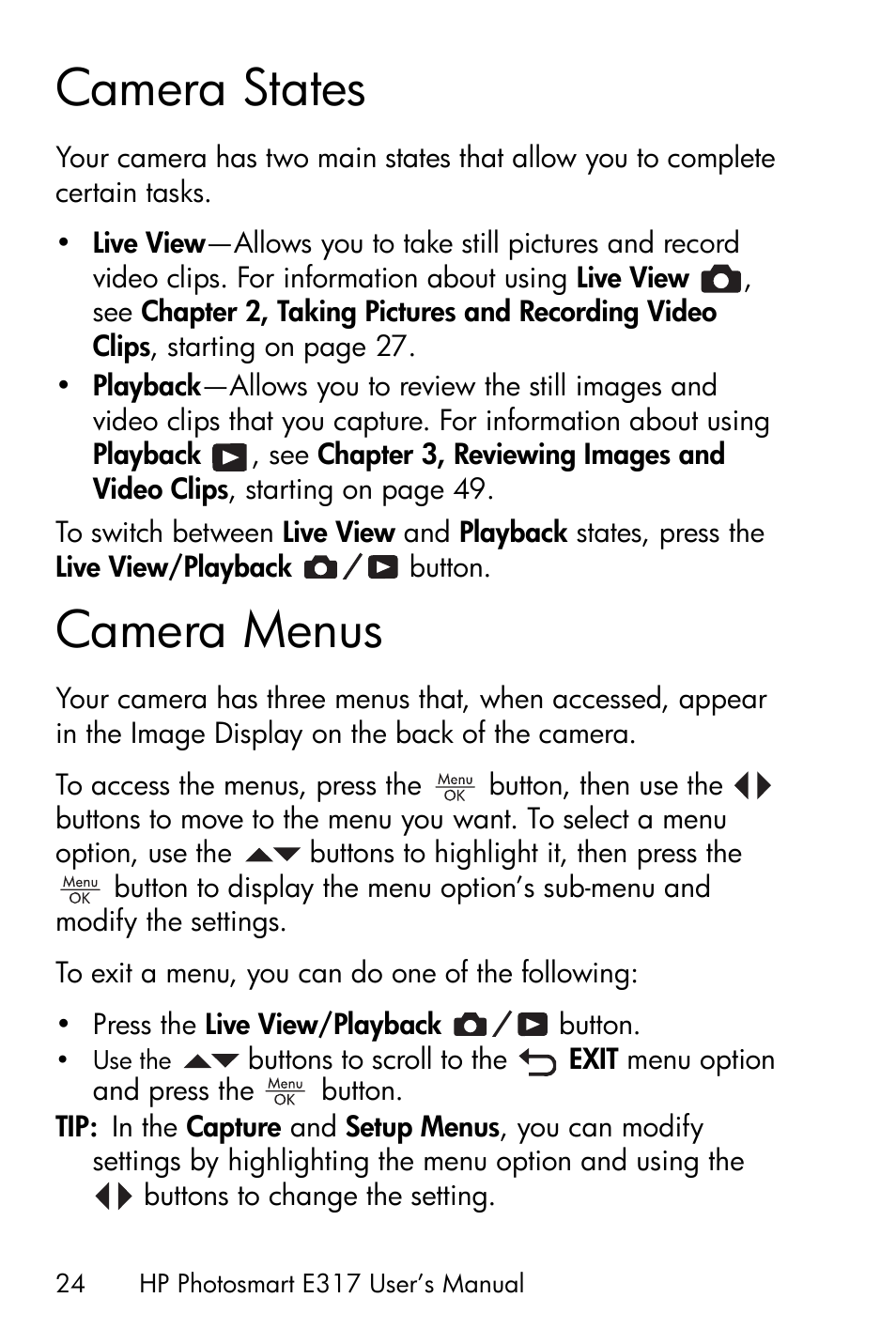 Camera states, Camera menus | HP Photosmart E317 User Manual | Page 24 / 138