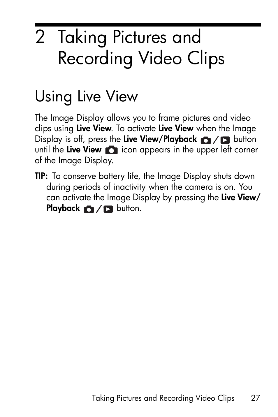 Taking pictures and recording video clips, Using live view, Chapter 2, taking pictures and recording video | 2 taking pictures and recording video clips | HP Photosmart E317 User Manual | Page 27 / 138