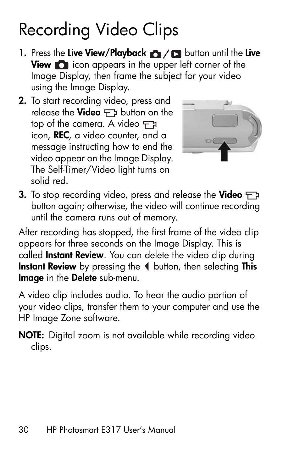 Recording video clips | HP Photosmart E317 User Manual | Page 30 / 138