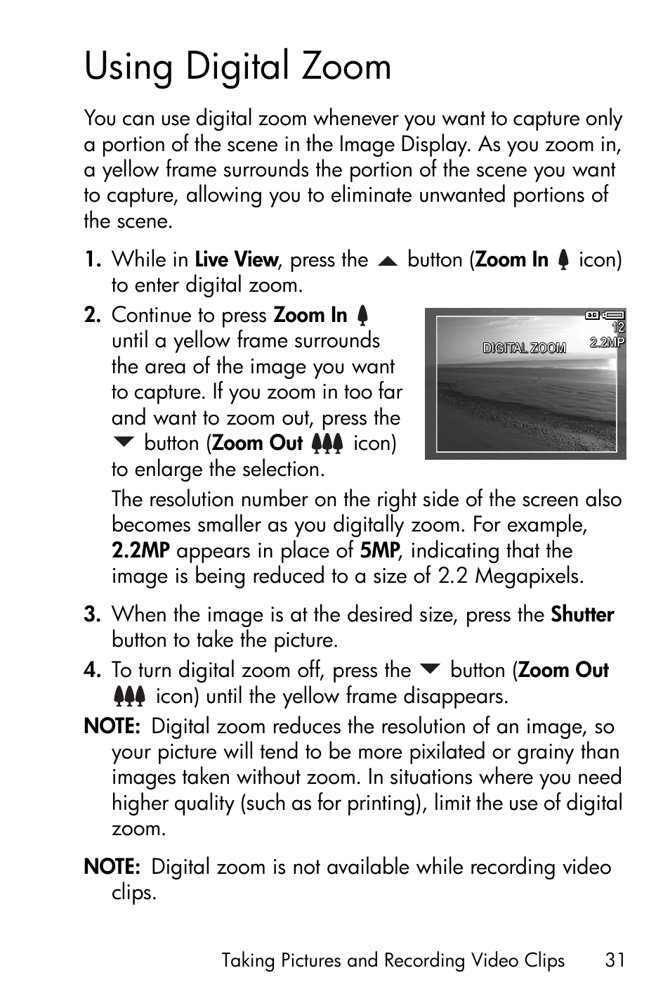 Using digital zoom | HP Photosmart E317 User Manual | Page 31 / 138