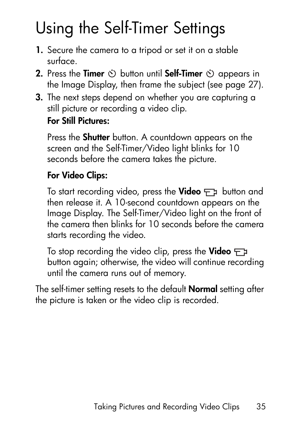 Using the self-timer settings | HP Photosmart E317 User Manual | Page 35 / 138