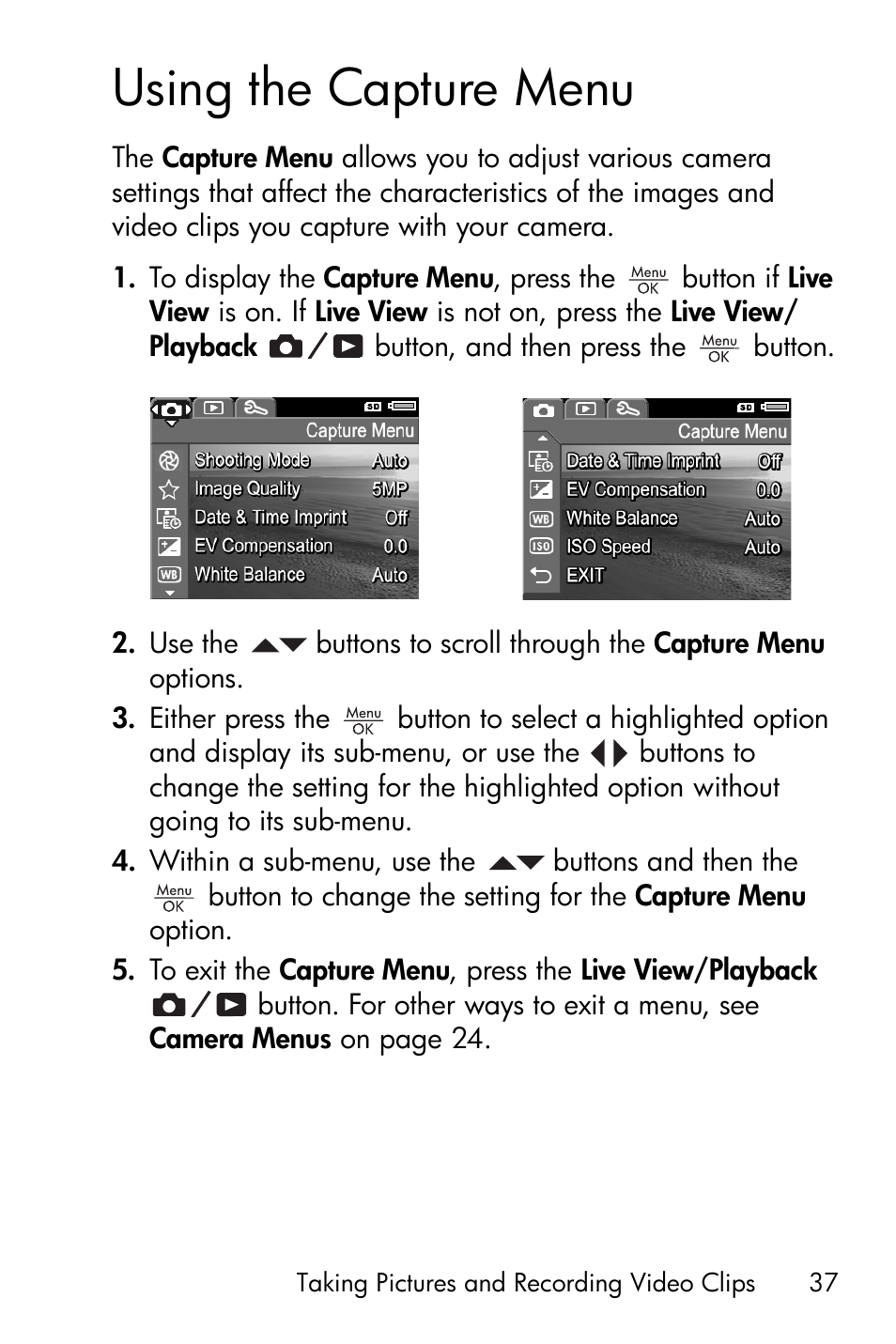 Using the capture menu, See using the | HP Photosmart E317 User Manual | Page 37 / 138