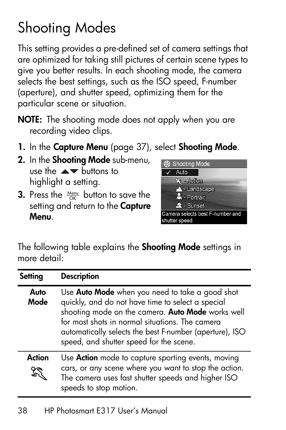 Shooting modes | HP Photosmart E317 User Manual | Page 38 / 138