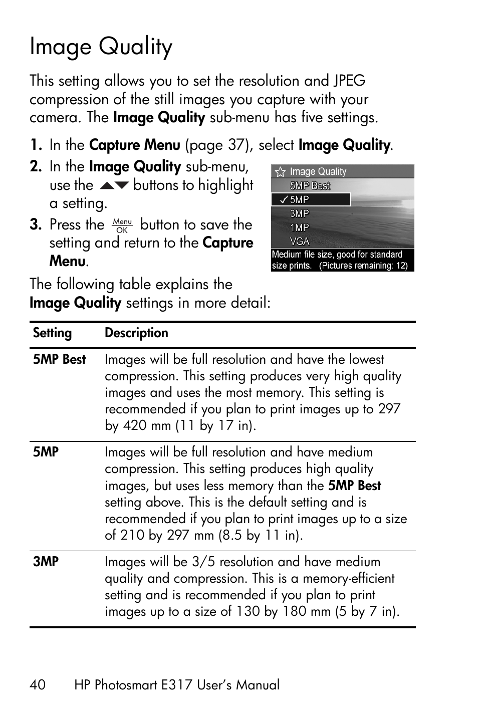 Image quality | HP Photosmart E317 User Manual | Page 40 / 138