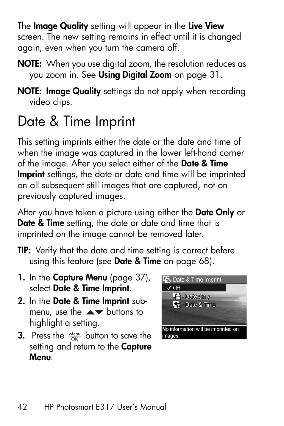 Date & time imprint | HP Photosmart E317 User Manual | Page 42 / 138