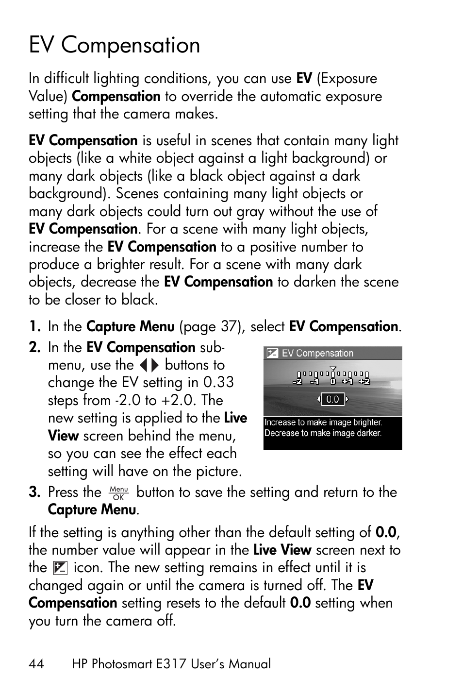 Ev compensation | HP Photosmart E317 User Manual | Page 44 / 138