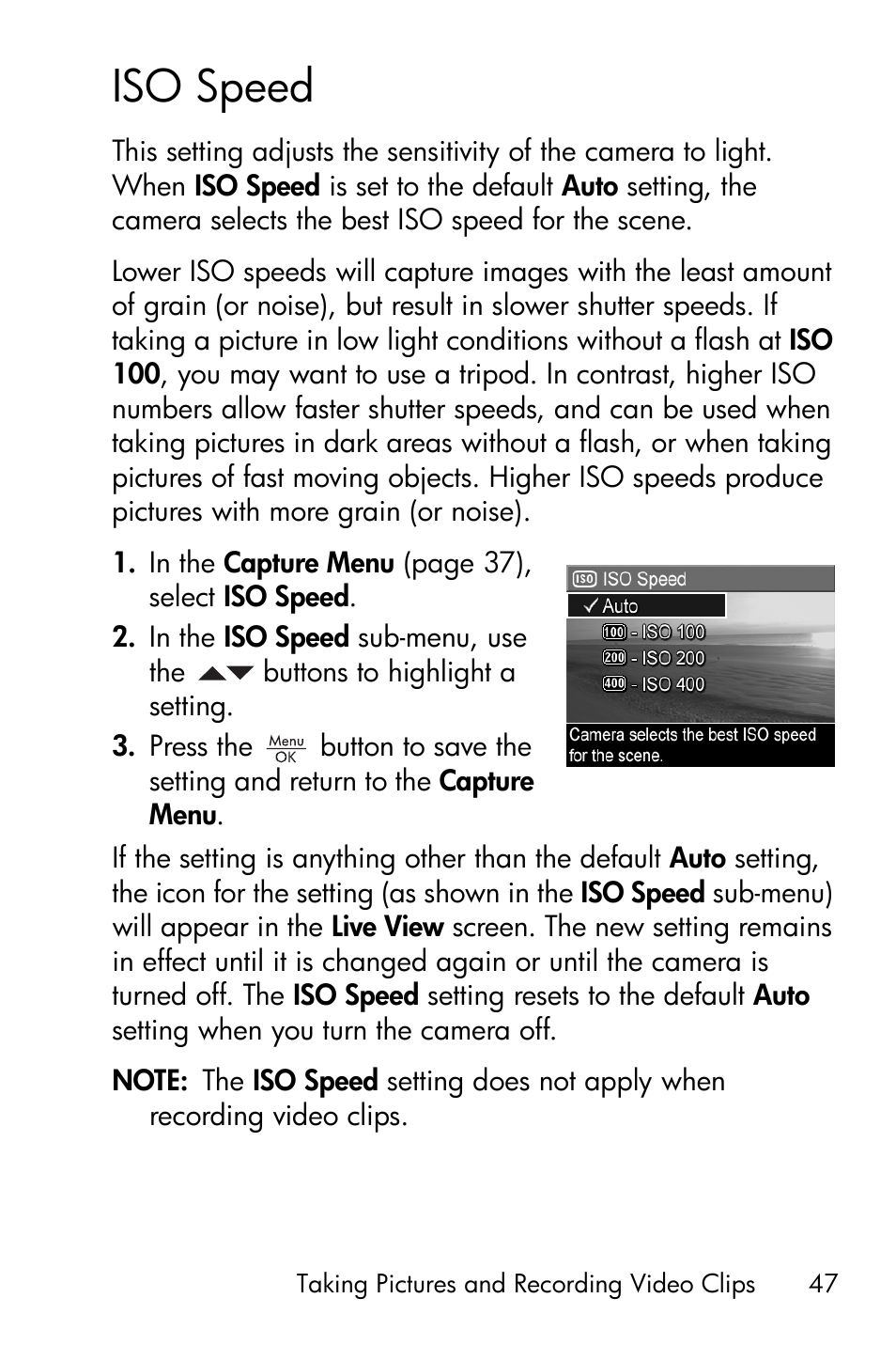 Iso speed | HP Photosmart E317 User Manual | Page 47 / 138