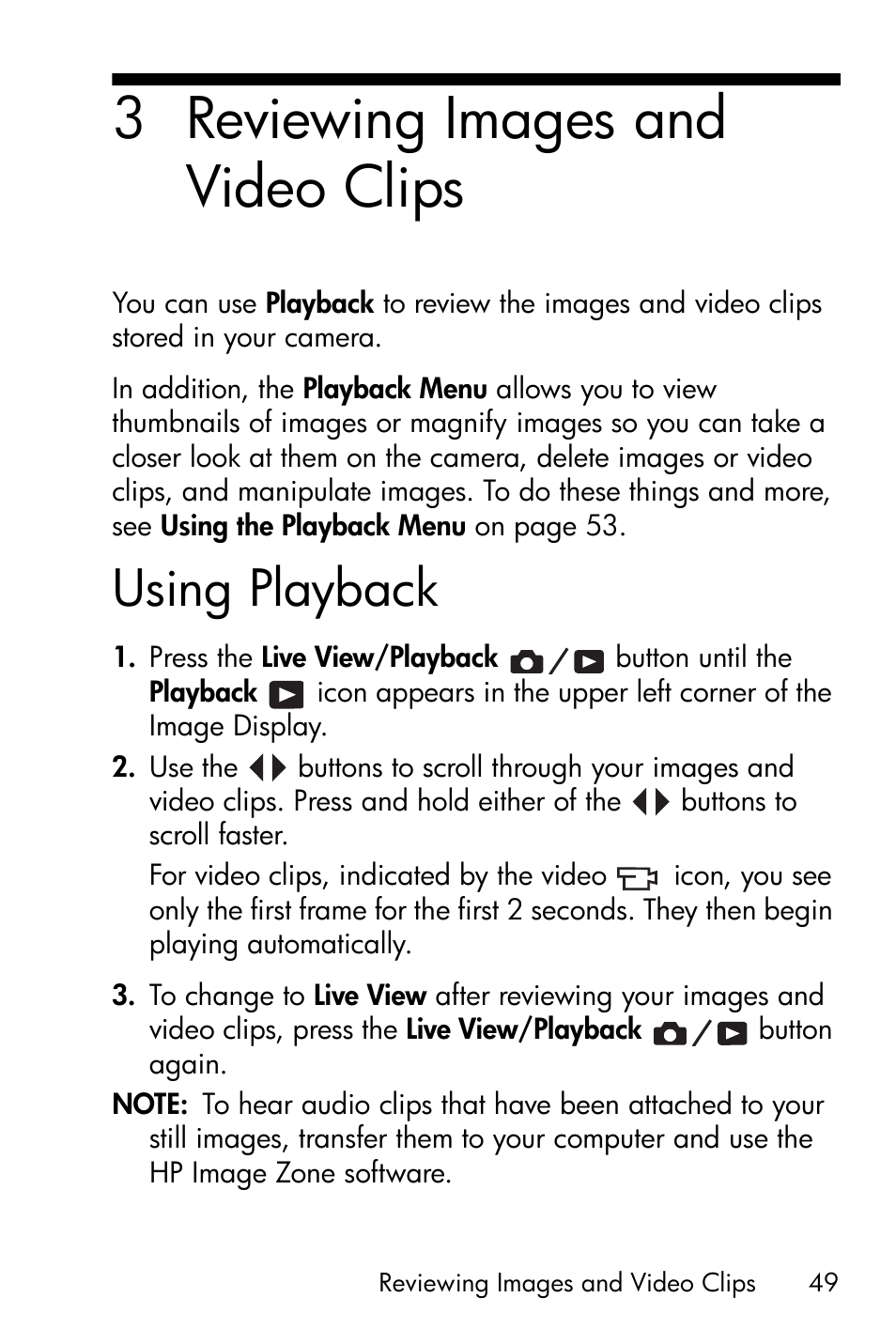 Reviewing images and video clips, Using playback, See chapter 3, reviewing images and | 3 reviewing images and video clips | HP Photosmart E317 User Manual | Page 49 / 138