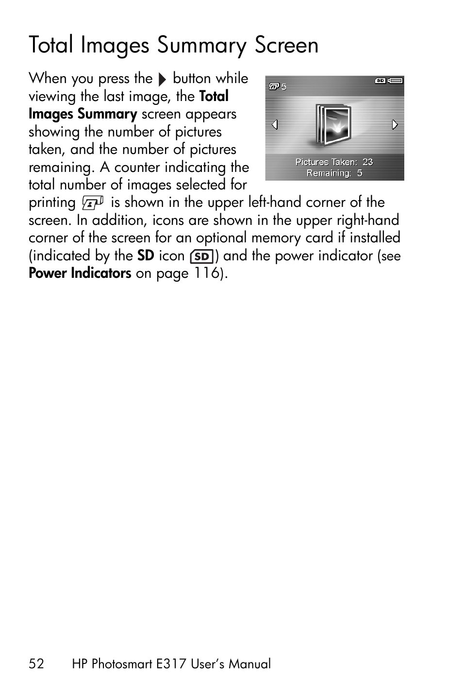 Total images summary screen | HP Photosmart E317 User Manual | Page 52 / 138