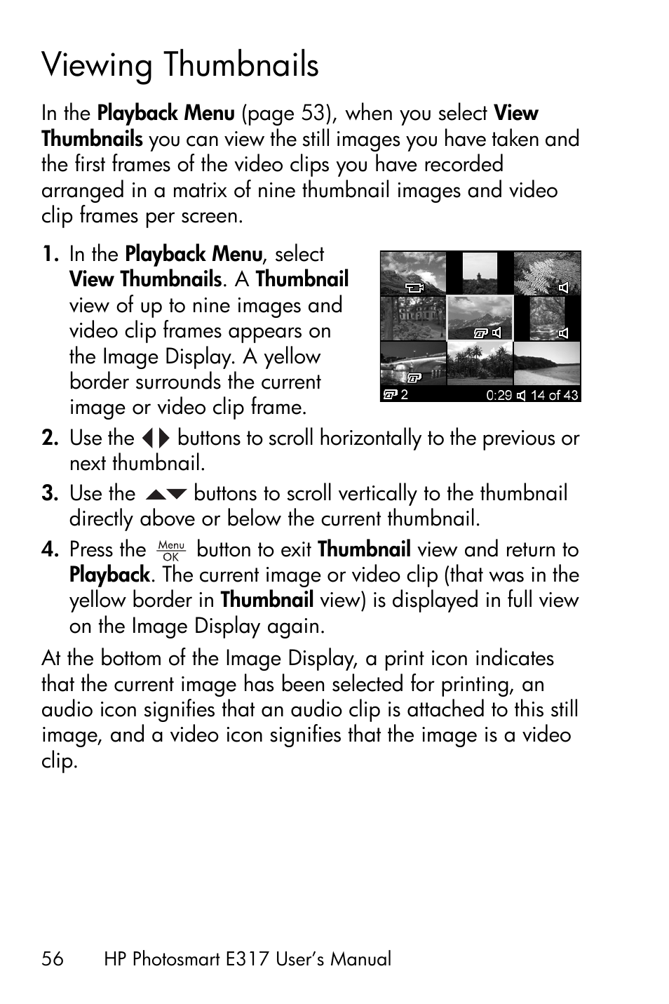 Viewing thumbnails | HP Photosmart E317 User Manual | Page 56 / 138