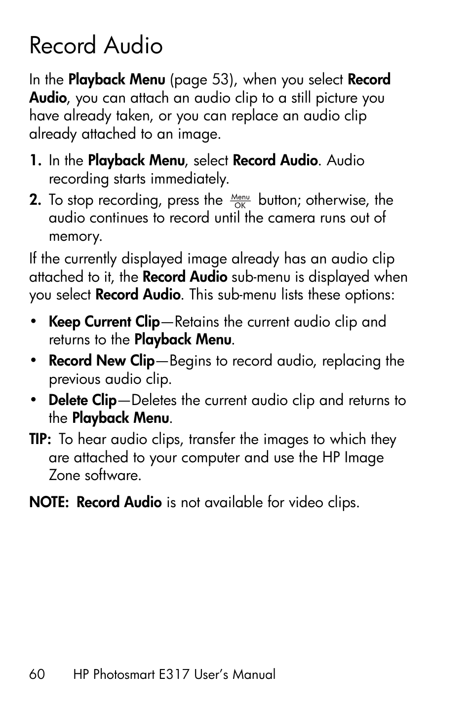 Record audio | HP Photosmart E317 User Manual | Page 60 / 138