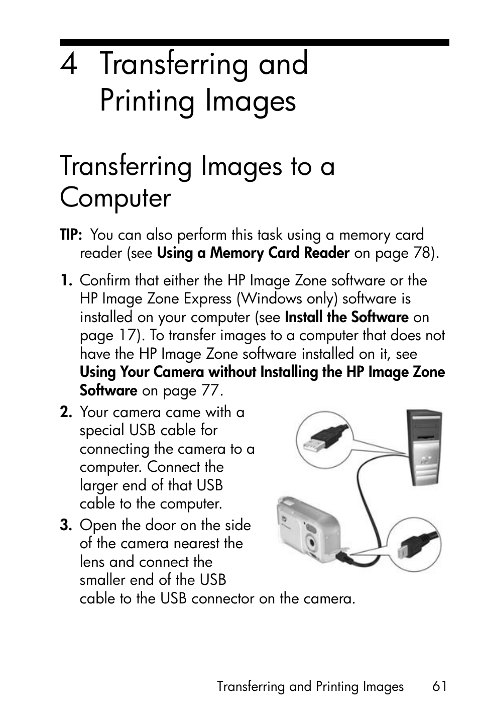 Transferring and printing images, Transferring images to a computer, 4 transferring and printing images | HP Photosmart E317 User Manual | Page 61 / 138