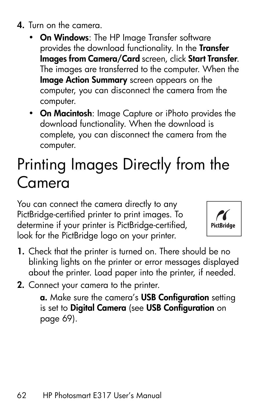 Printing images directly from the camera | HP Photosmart E317 User Manual | Page 62 / 138