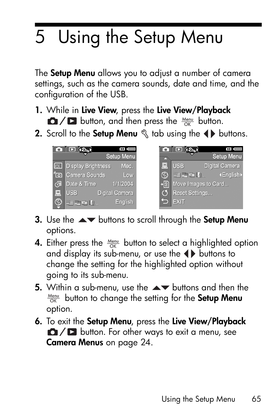 Using the setup menu, Chapter 5, using the, 5 using the setup menu | HP Photosmart E317 User Manual | Page 65 / 138