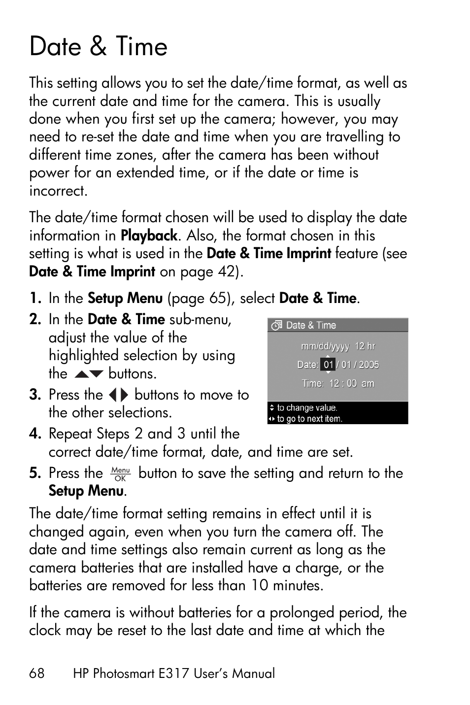 Date & time | HP Photosmart E317 User Manual | Page 68 / 138