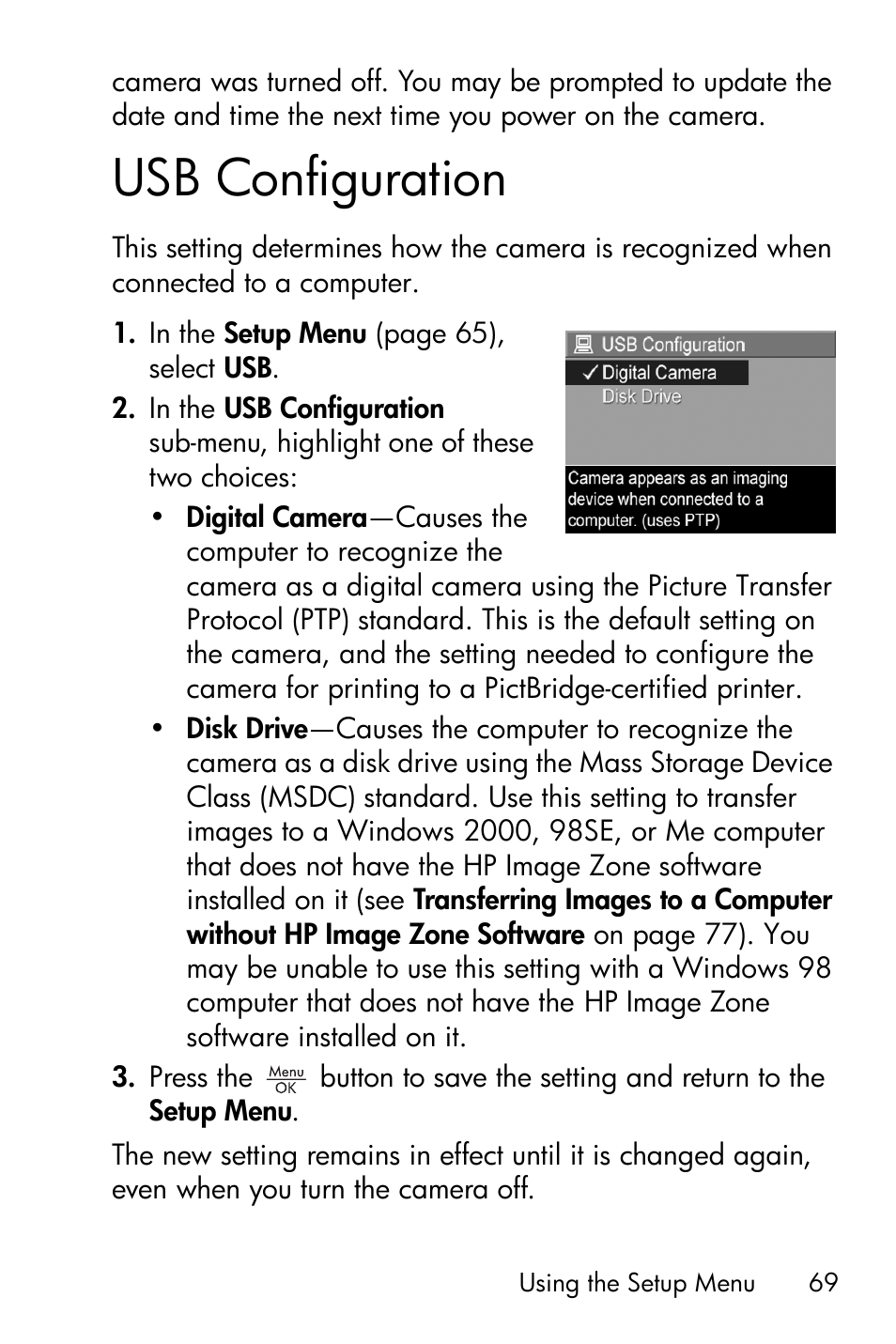 Usb configuration | HP Photosmart E317 User Manual | Page 69 / 138