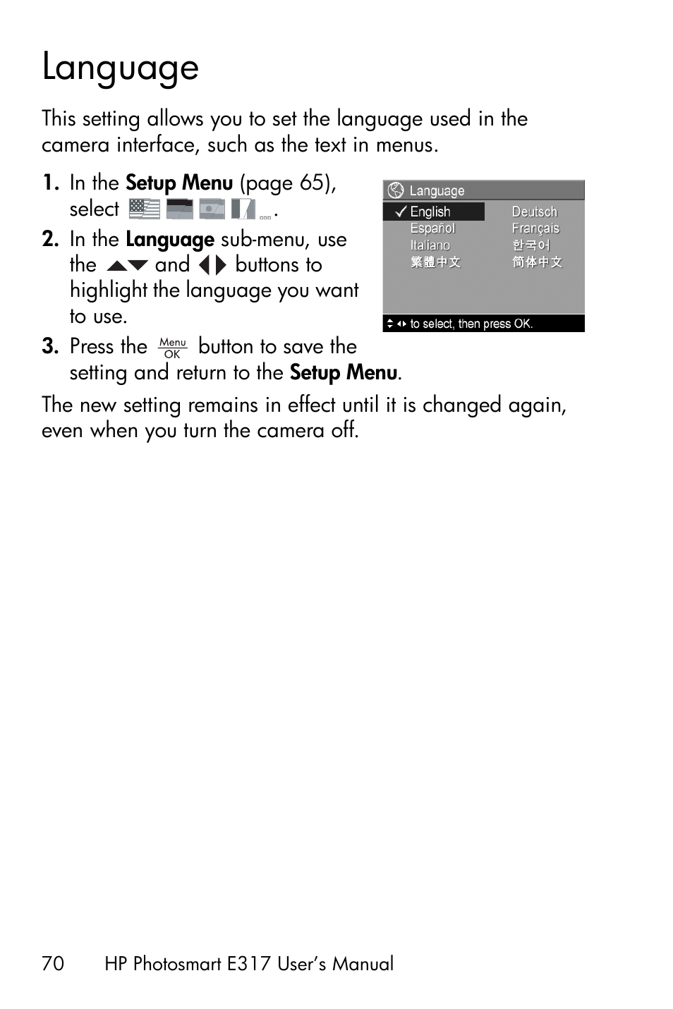 Language | HP Photosmart E317 User Manual | Page 70 / 138