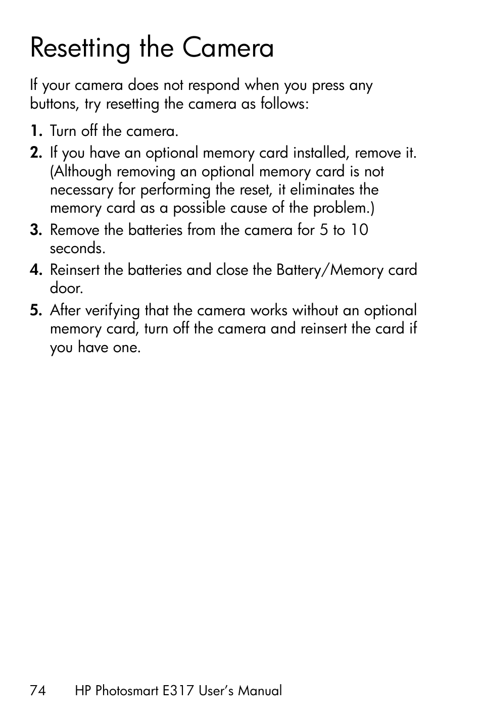 Resetting the camera | HP Photosmart E317 User Manual | Page 74 / 138