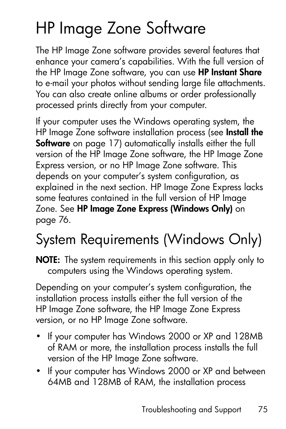 Hp image zone software, System requirements (windows only) | HP Photosmart E317 User Manual | Page 75 / 138