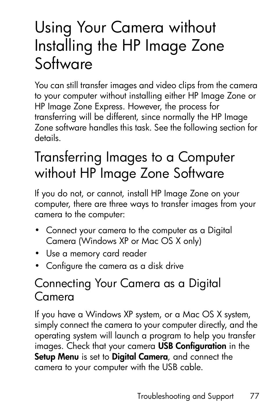 Connecting your camera as a digital camera, Using your camera without installing the, Hp image zone software | Transferring images to a computer without, Connecting your camera as a, Digital camera, See using your | HP Photosmart E317 User Manual | Page 77 / 138