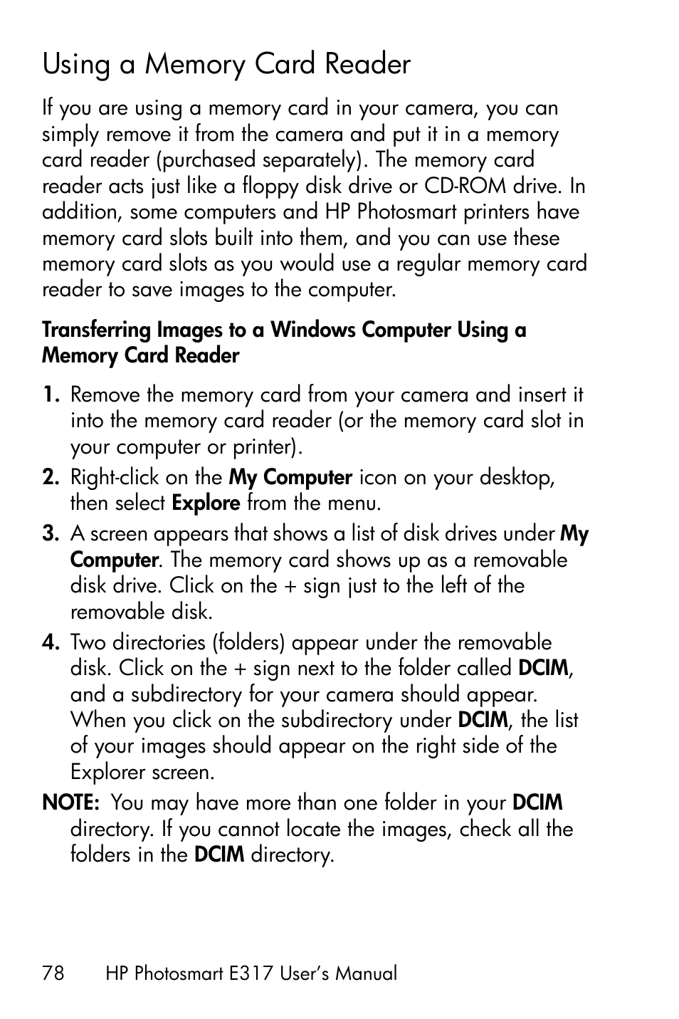 Using a memory card reader | HP Photosmart E317 User Manual | Page 78 / 138