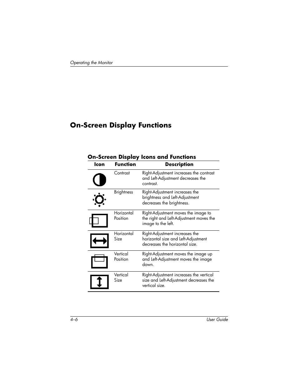 On-screen display functions, On-screen display functions –6 | HP 75 User Manual | Page 24 / 44