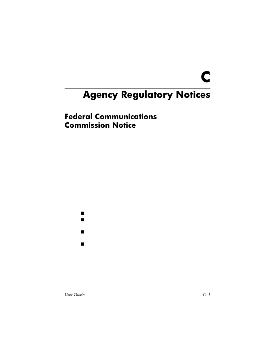 Agency regulatory notices, Federal communications commission notice, C agency regulatory notices | HP 75 User Manual | Page 39 / 44