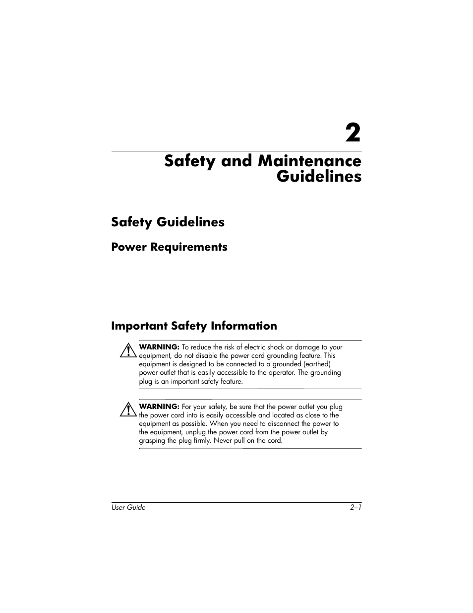 Safety and maintenance guidelines, Safety guidelines, Power requirements | Important safety information, 2 safety and maintenance guidelines, Safety guidelines –1 | HP 75 User Manual | Page 7 / 44