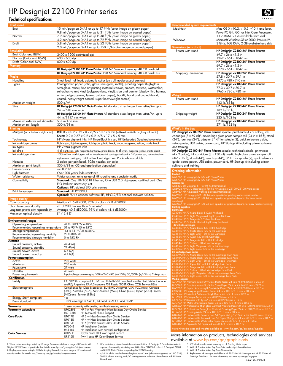 Hp designjet z2100 printer series, Technical specifications | HP Designjet Z3100 series User Manual | Page 4 / 4