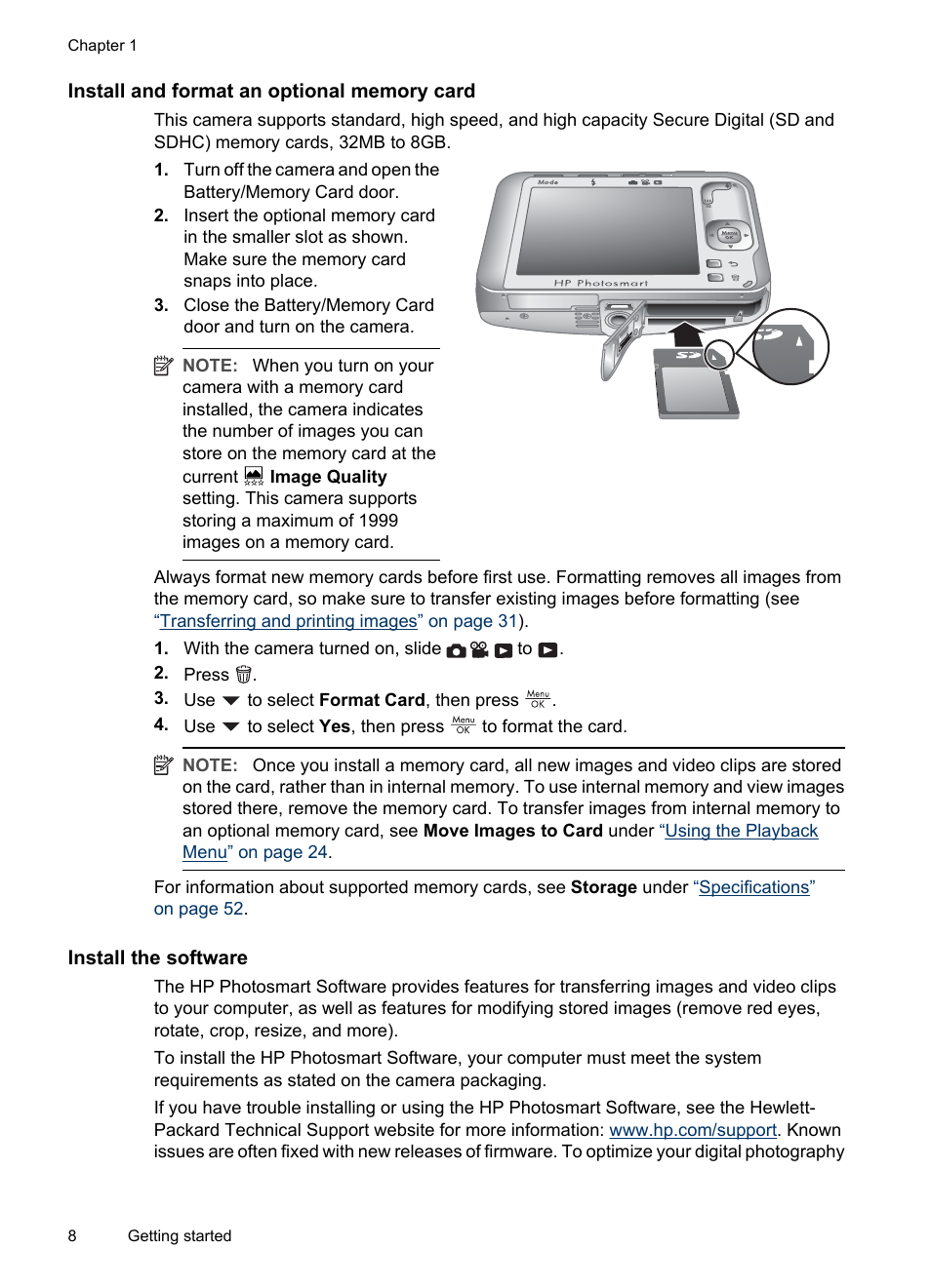 Install and format an optional memory card, Install the software | HP R830/R840 User Manual | Page 10 / 59