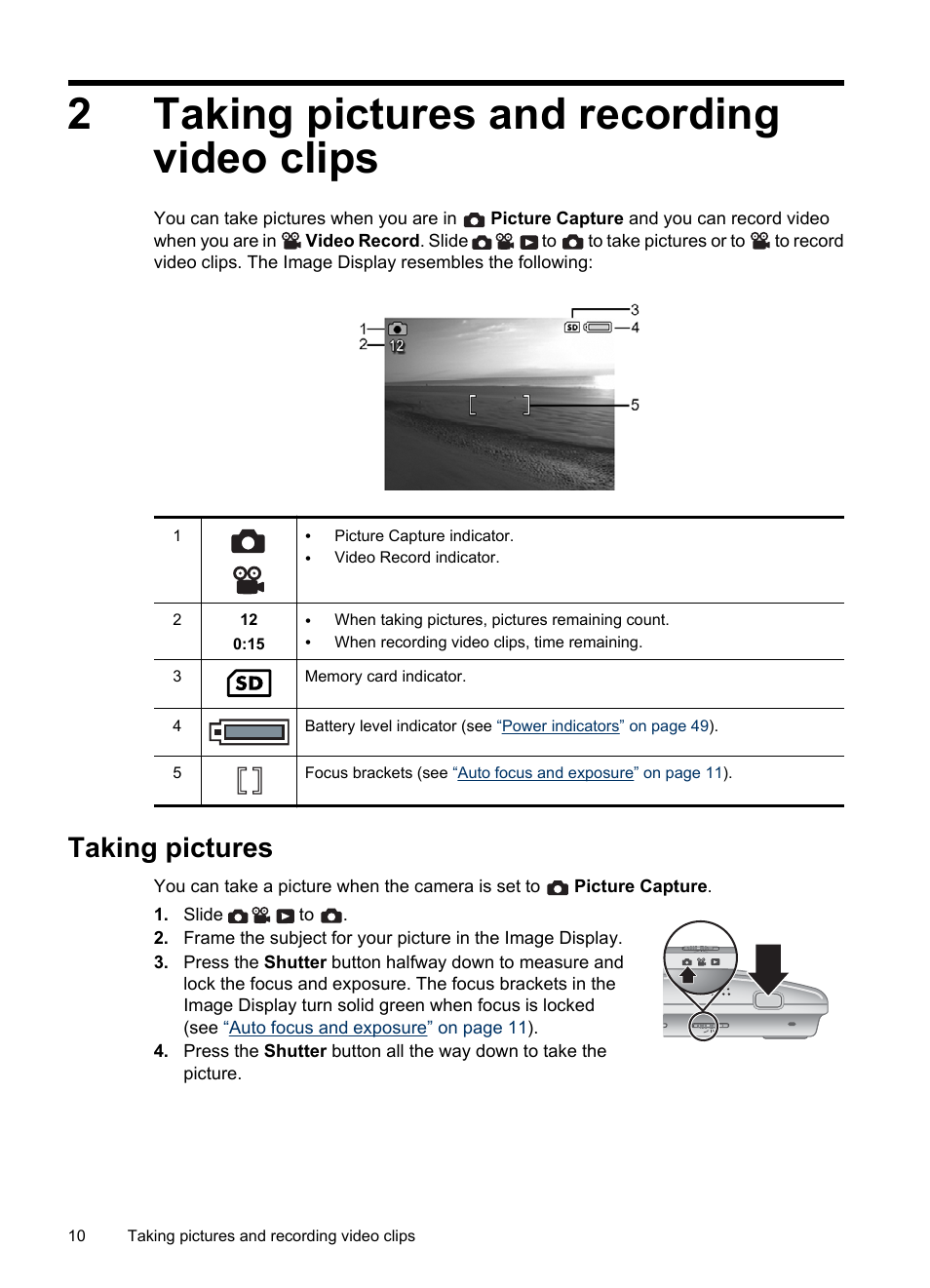 Taking pictures and recording video clips, Taking pictures, 2 taking pictures and recording video clips | 2taking pictures and recording video clips | HP R830/R840 User Manual | Page 12 / 59