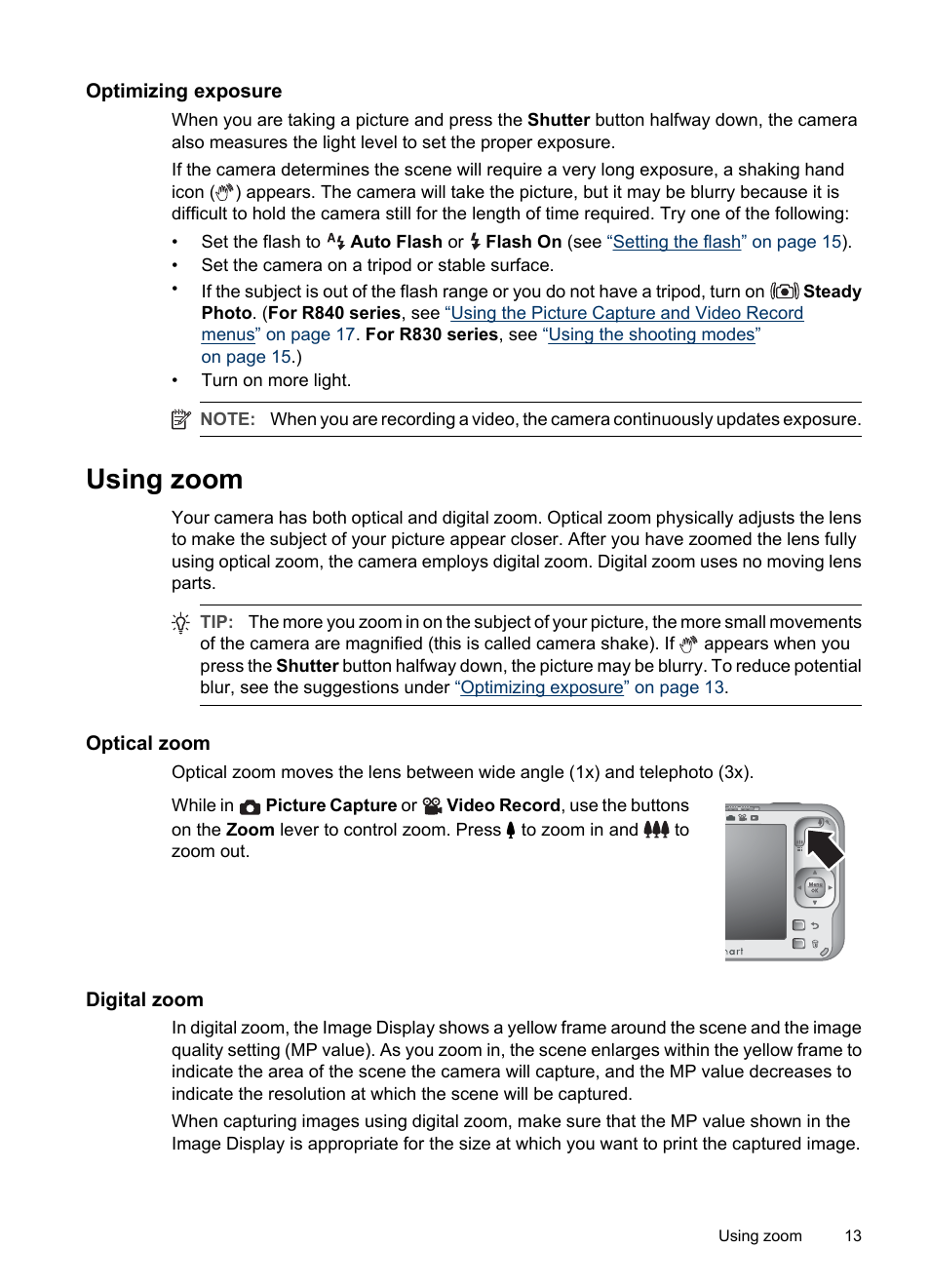 Optimizing exposure, Using zoom, Optical zoom | Digital zoom, Optical zoom digital zoom, Optimizing | HP R830/R840 User Manual | Page 15 / 59