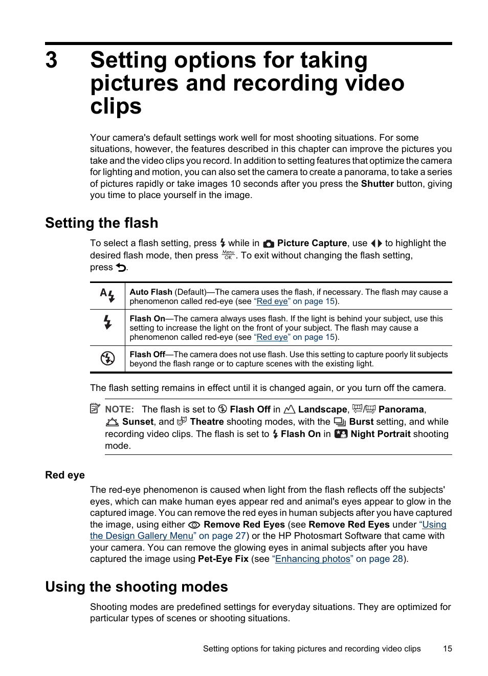 Setting the flash, Red eye, Using the shooting modes | Using panorama mode, Setting the, Setting options for taking pictures and, Using the, Using | HP R830/R840 User Manual | Page 17 / 59