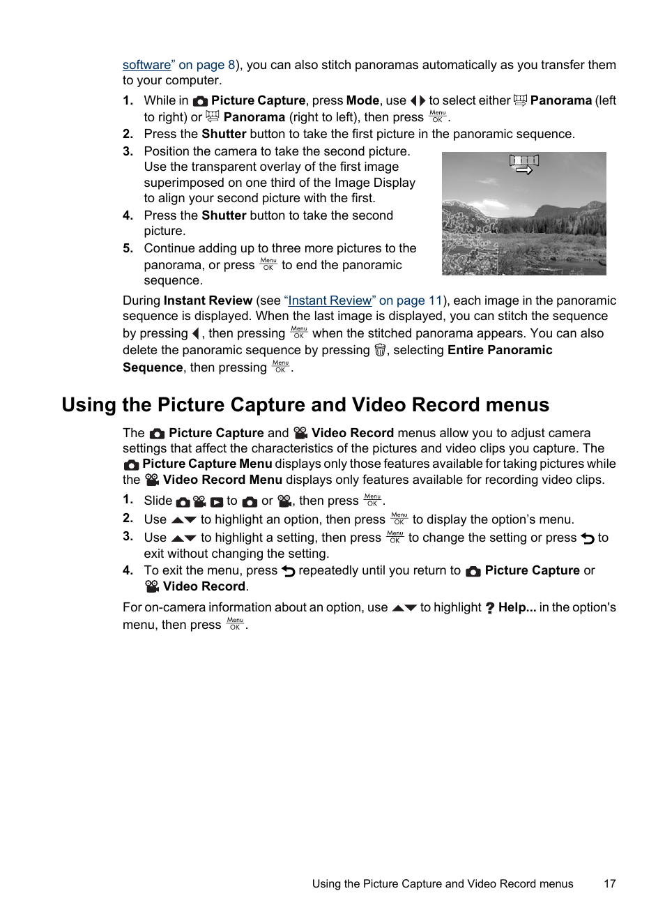 Using the picture capture and video record menus, Using the picture capture, Using the picture capture and video record | Using the picture capture and video | HP R830/R840 User Manual | Page 19 / 59