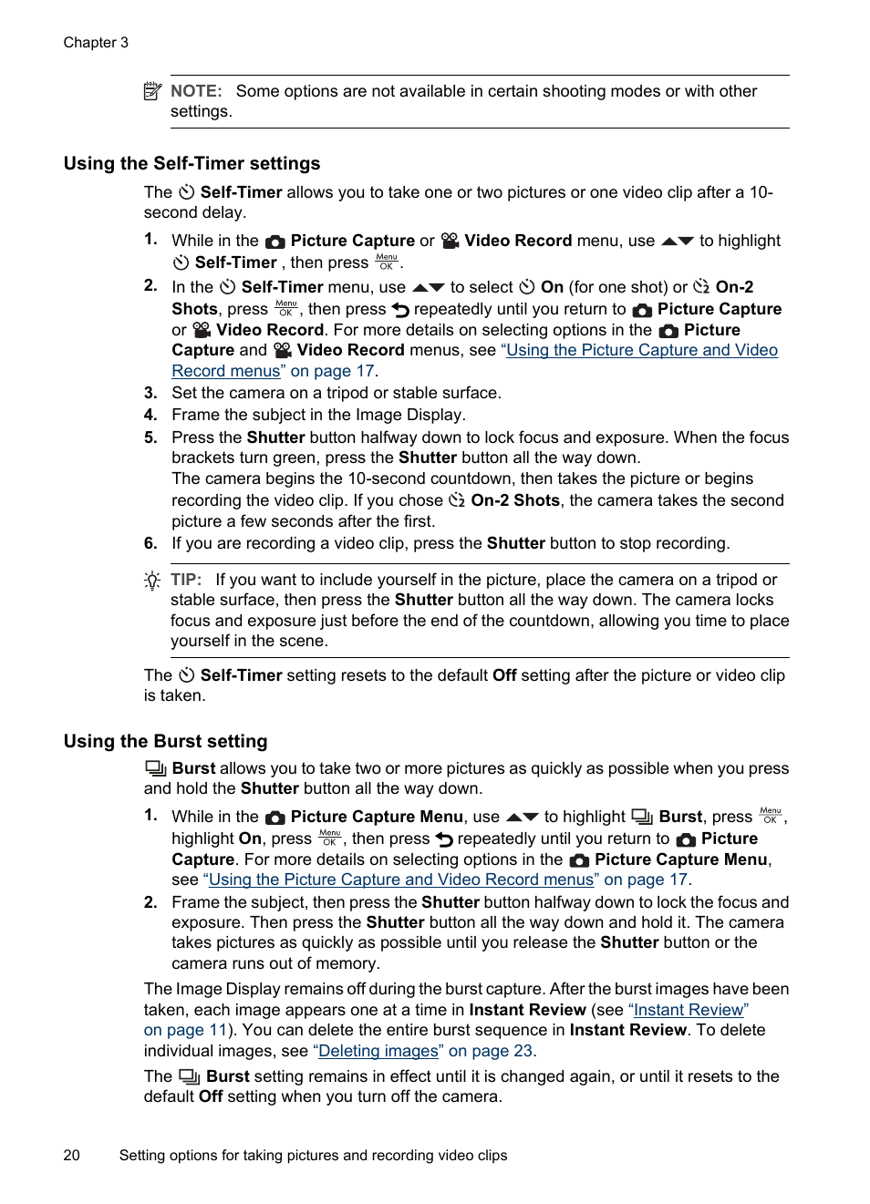 Using the self-timer settings, Using the burst setting, Using the | HP R830/R840 User Manual | Page 22 / 59