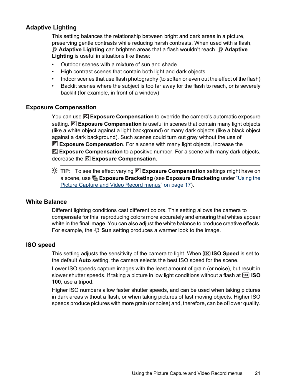 Adaptive lighting, Exposure compensation, White balance | Iso speed, N, see | HP R830/R840 User Manual | Page 23 / 59
