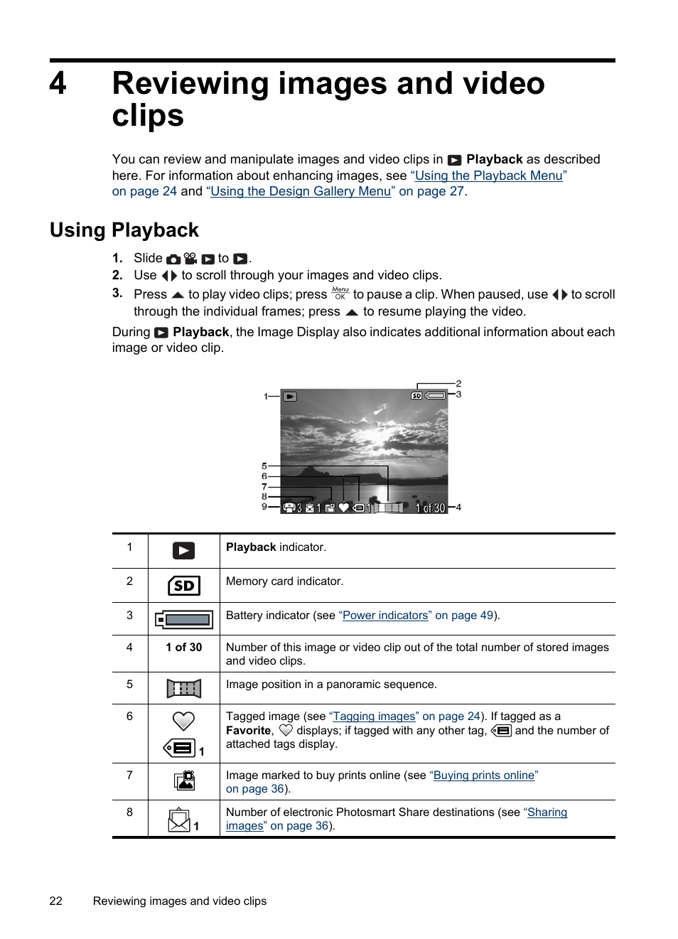 Reviewing images and video clips, Using playback, 4 reviewing images and video clips | 4reviewing images and video clips | HP R830/R840 User Manual | Page 24 / 59