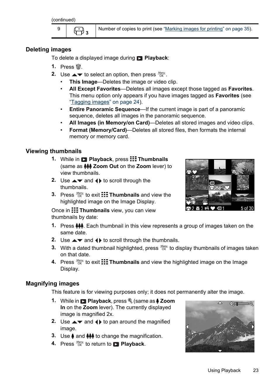 Deleting images, Viewing thumbnails, Magnifying images | Deleting, S, see | HP R830/R840 User Manual | Page 25 / 59