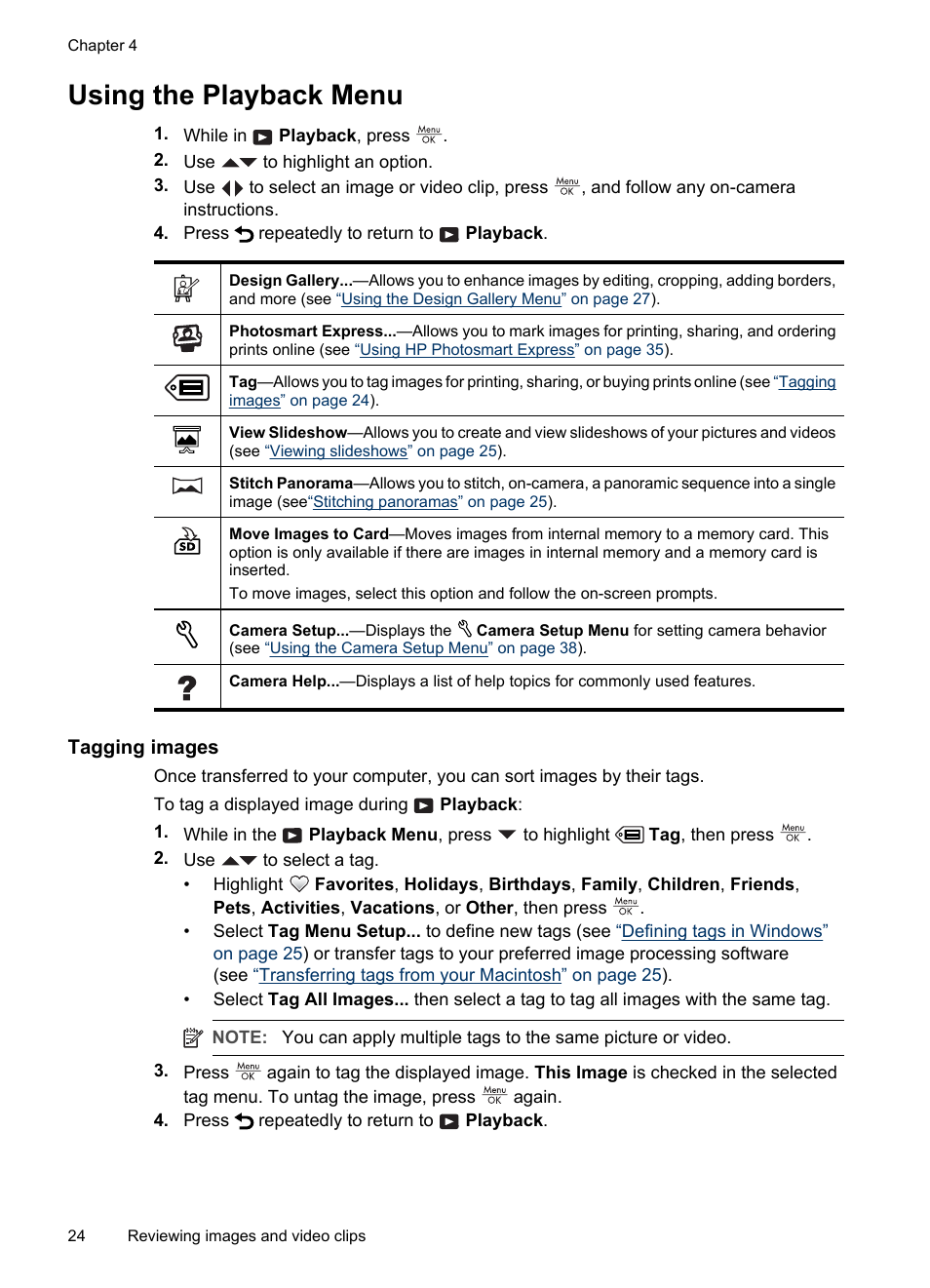 Using the playback menu, Tagging images, Using the playback | If tagge | HP R830/R840 User Manual | Page 26 / 59