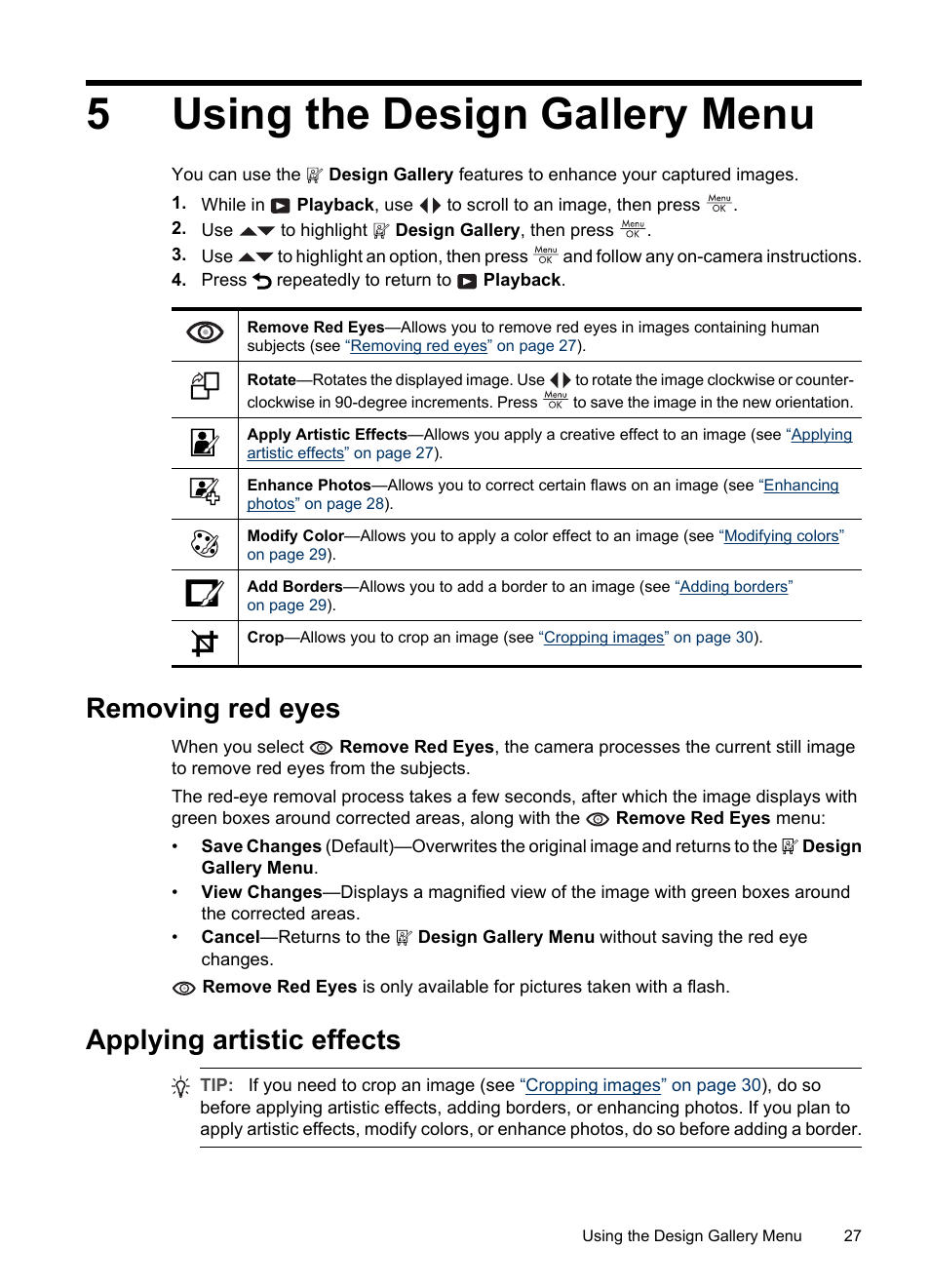 Using the design gallery menu, Removing red eyes, Applying artistic effects | 5 using the design gallery menu, Removing red eyes applying artistic effects, Using, 5using the design gallery menu | HP R830/R840 User Manual | Page 29 / 59