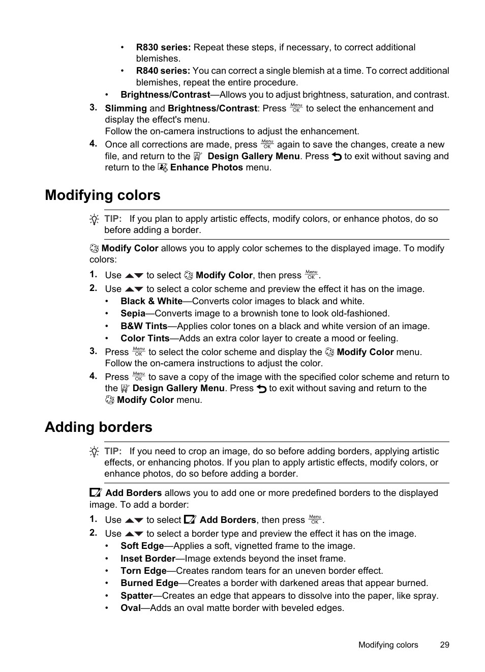 Modifying colors, Adding borders, Modifying colors adding borders | HP R830/R840 User Manual | Page 31 / 59