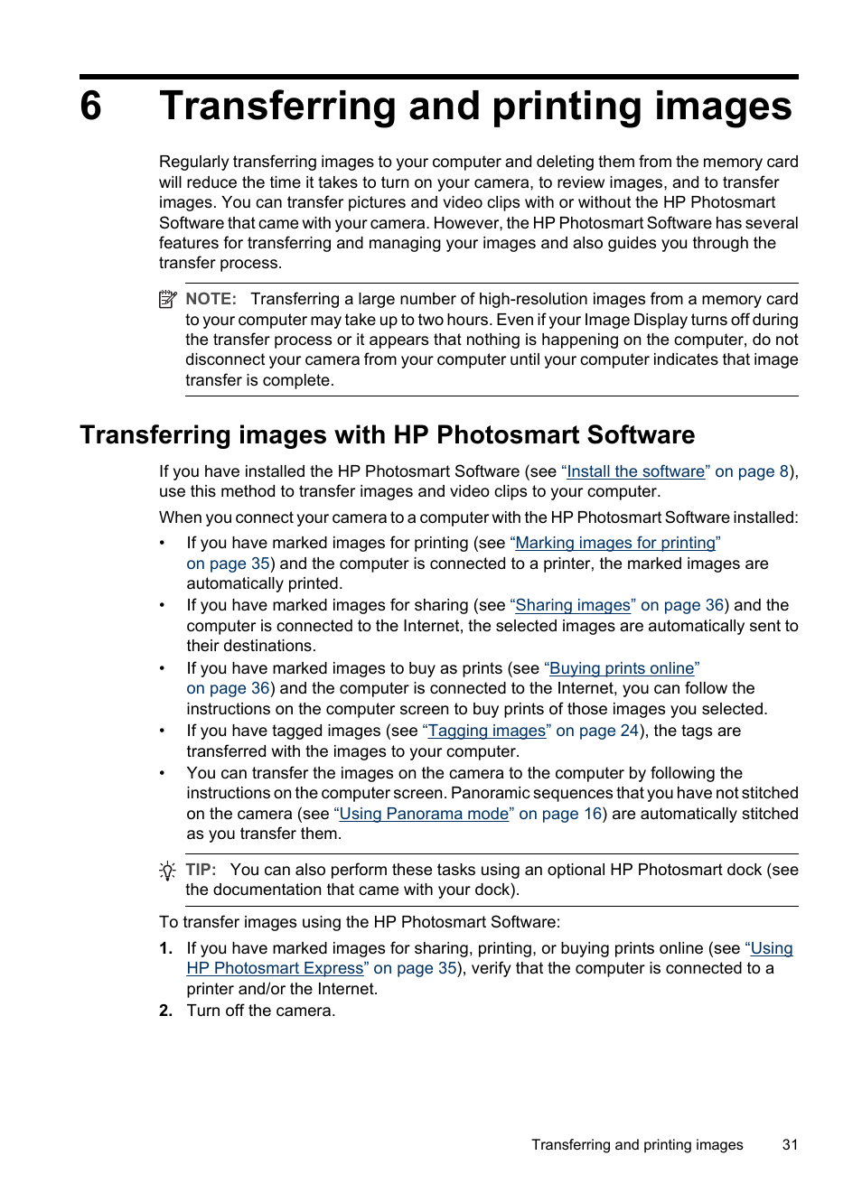 Transferring and printing images, Transferring images with hp photosmart software, 6 transferring and printing images | Transferring images with hp photosmart, 6transferring and printing images | HP R830/R840 User Manual | Page 33 / 59