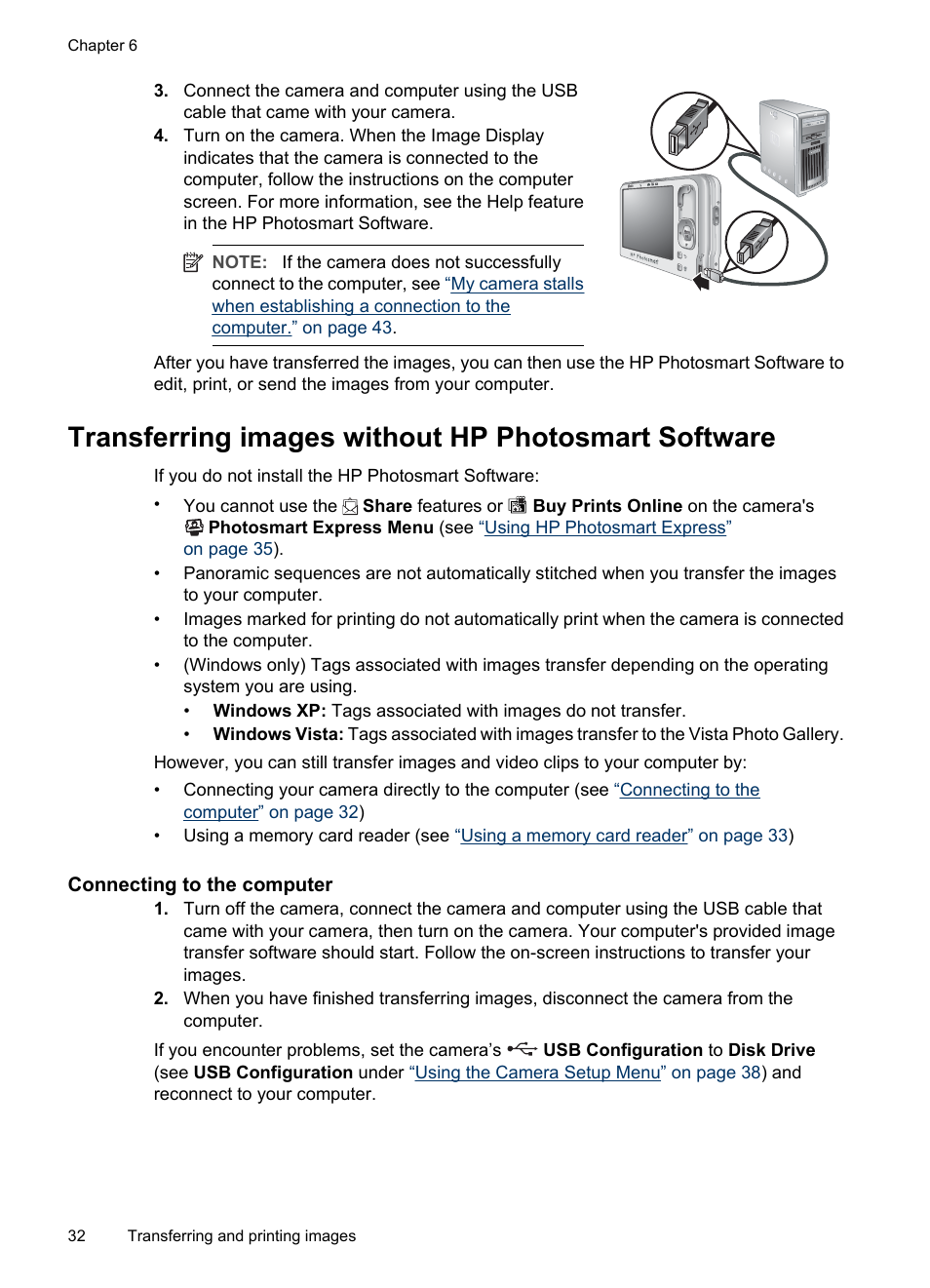 Transferring images without hp photosmart software, Connecting to the computer | HP R830/R840 User Manual | Page 34 / 59