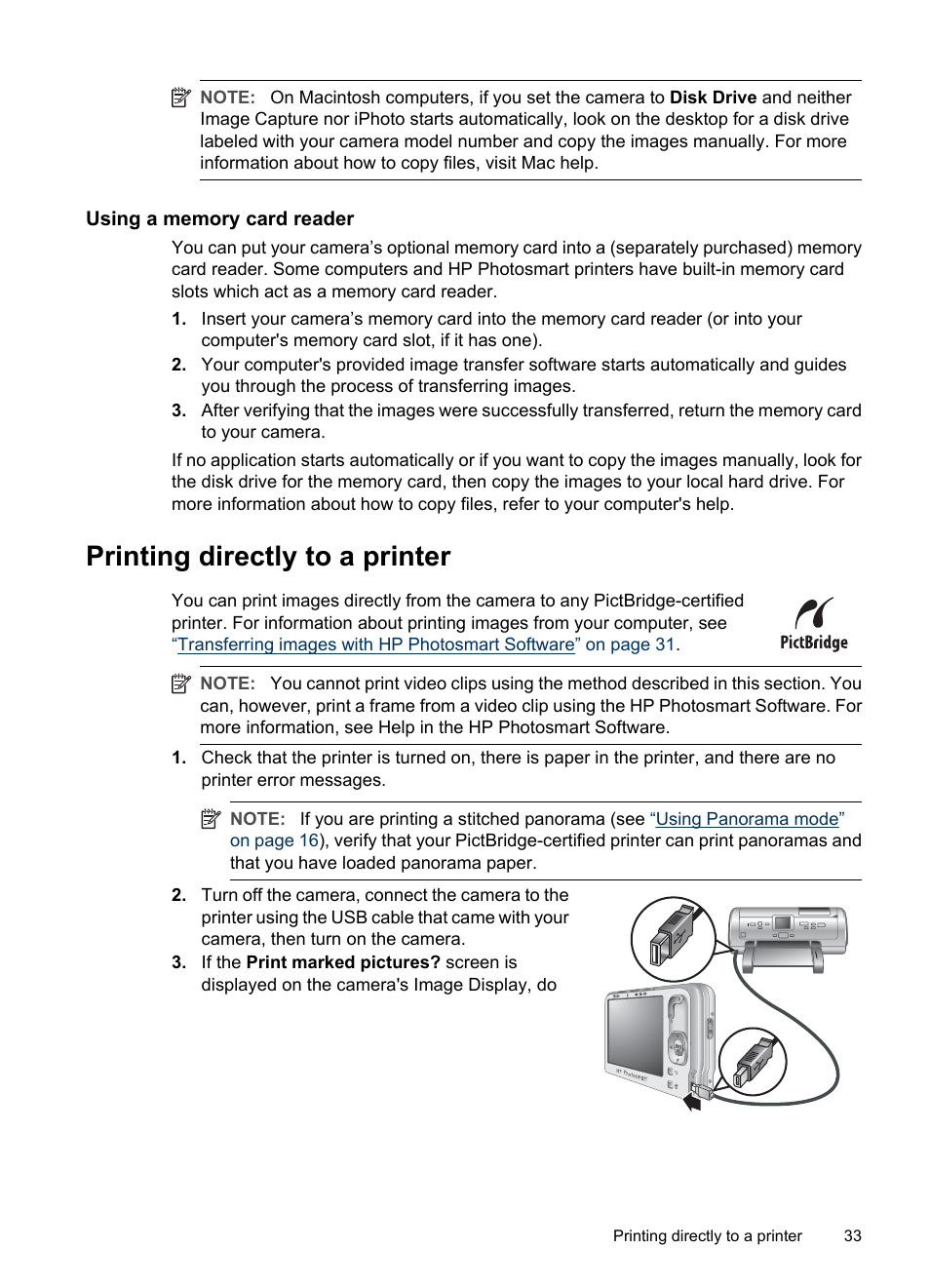 Using a memory card reader, Printing directly to a printer | HP R830/R840 User Manual | Page 35 / 59