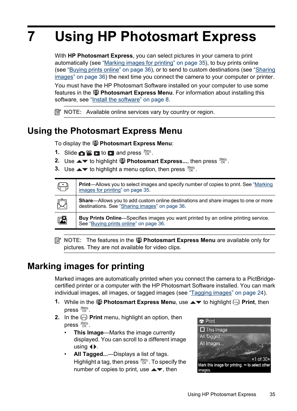 Using hp photosmart express, Using the photosmart express menu, Marking images for printing | 7 using hp photosmart express, Using, Verif, Marking images for, 7using hp photosmart express | HP R830/R840 User Manual | Page 37 / 59